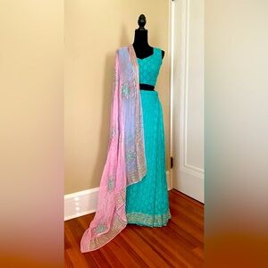 UEC 2 piece pink, green silver lehenga choli set size 0-4 adjustable
